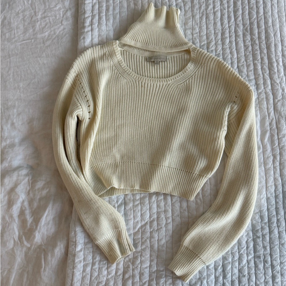 Cream Ribbed Knit Cropped Sweater